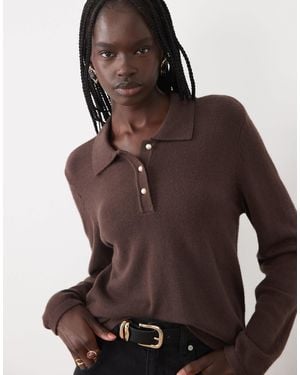 Vila Long Sleeve Knitted Polo Top With Pearl Buttons - Brown