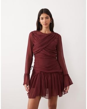 ASOS Long Sleeved Drape Frill Mini Dress - Red