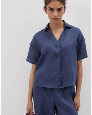 Intimissimi Plain-Weave Linen Short-Sleeved Shirt - Blue