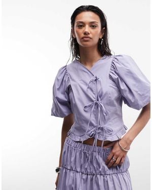 Reclaimed Vintage Western Cowgirl Top Co-ord With Puff Sleeve And Tie Front - Purple