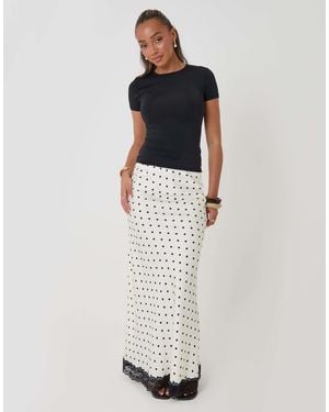 Threadbare Petite Polka Dot Satin Lace Trim Maxi Skirt - White