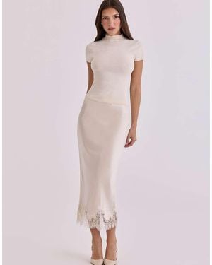 House Of Cb Ciara Vintage Ivory Satin + Lace Midi Skirt - Pink