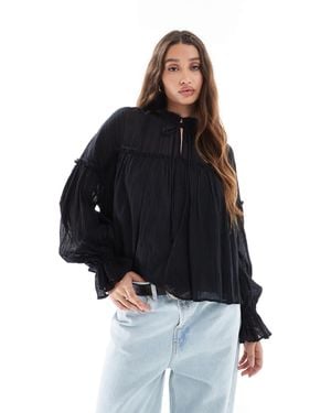 ASOS Tie Neck Ruffle Detail Crinkle Long Sleeve Smock Top - Blue