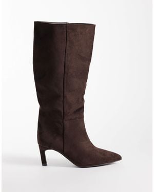 SEQWL Wide Fit Benz Faux Suede Knee High Kitten Heel Boots - Brown