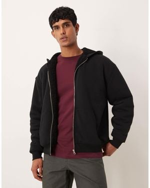 ASOS Relaxed Zip Through Hoodie With Borg Lining - Black
