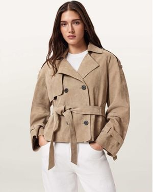 AllSaints Reed Short Belted Suede Trench Coat - Brown