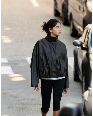 Pull&Bear Leather Effect Balloon Jacket With Funnel Neck - Black