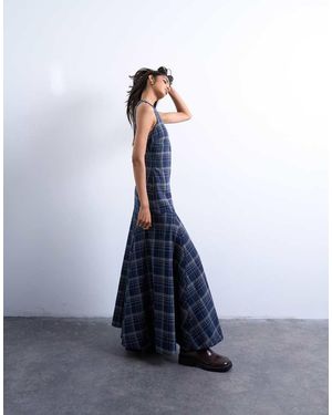 TOPSHOP Vestito Midi A Quadri Con Vita Scesa E Gonna A Ruota - Blu