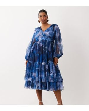 Lace & Beads Plus Vestido Midi De Tul Con Mangas Globo, Volantes Y Capas En Estampado-Multi - Azul