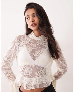 Mango Cotton Mix Delicate Lace Ruffle Blouse - Natural