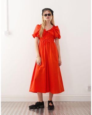 Reclaimed Vintage Midi Dress With Puffball Sleeves And Shir Waist - Red