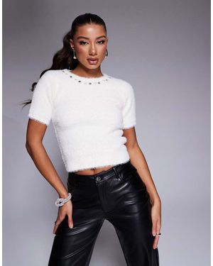 River Island Short Sleeve Fluffy Knitted Top - White