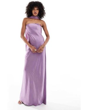 Six Stories Bridesmaid Satin Maxi Dress With Chiffon Neck Scarf - Purple