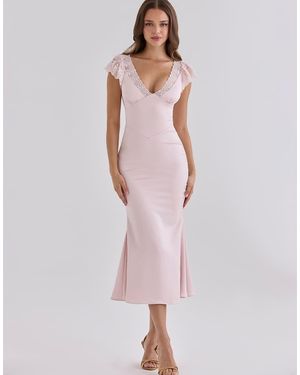 House Of Cb Odessa Satin Lace Trim Midi Tea Dress - Pink