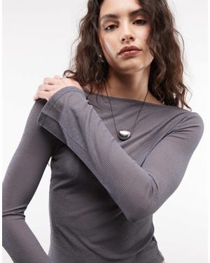 Collusion Long Sleeve Slash Neck Textured Mesh - Grey