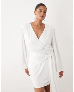 Tfnc Plus Slinky V-neck Shoulder Pads Draped Detailing Mini Dress - Natural