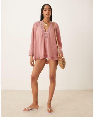 ASOS Crinkle Plunge Neck Eyelet Beach Sundress - Pink