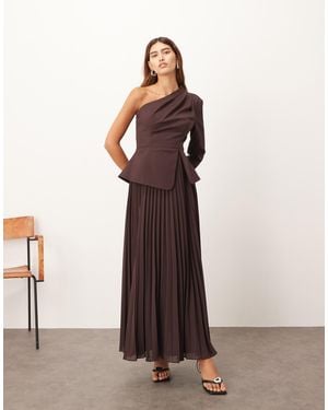 ARRANGE Sculpted One Shoulder Maxi Dress With Micro Pleat Hem - Brown