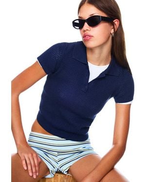 Bershka Gebreide Sweater Met Korte Mouwen, Textuur En Polokraag - Blauw