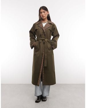 Reclaimed Vintage Check Lined Trench Coat With Belt - Green