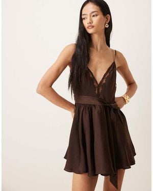Bardot Natalia Satin Lace Trim Plunge Neck Belt Detail Floaty Hem Mini Dress - Black