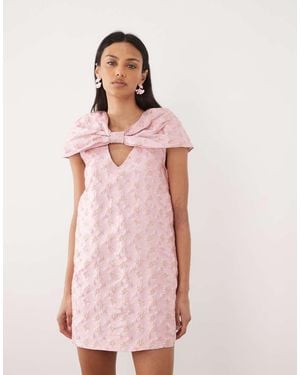 Sister Jane Floral Jacquard Bow Cape Sleeve Mini Dress - Pink