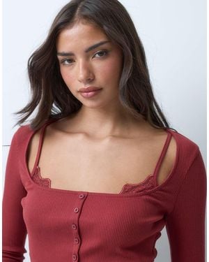 ASOS Sculpting Rib Button Through Top With Lace Underlayer - Red