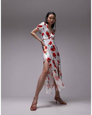 TOPSHOP Vestito Lungo Con Stampa Di Papaveri, Scollo A V E Maniche Con Volant - Multicolore