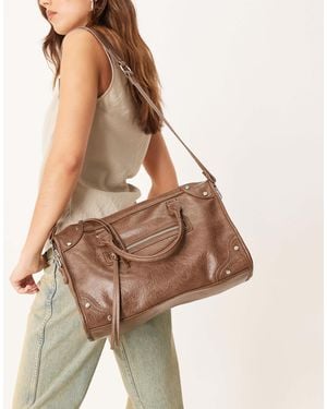Gina Tricot Studded Large Top Handle Tote Bag With Cross Body Strap - Brown