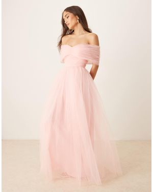 LACE & BEADS Bow Off Shoulder Tulle Maxi Dress - Pink