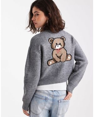 ONLY Knitted Cardigan With Bear Embroidery - Grey