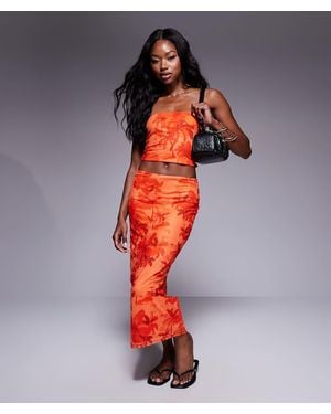 Princess Polly Mesh Bandeau Top And Low Rise Midi Skirt Full Set - Red