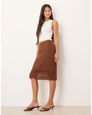 ASOS Awkward Length Gauzy Sheer Ribbed Skirt With Lace Trim - Natural