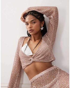 Miss Selfridge Beach Sequin Crochet Twist Detail Long Sleeve Top - Brown
