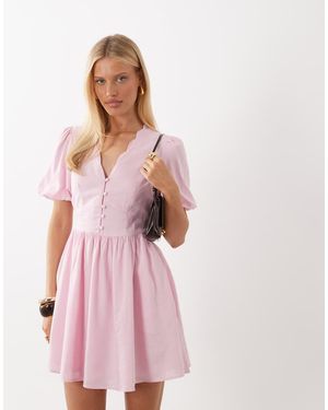 Nobody's Child Bess Linen Blend Scallop Edge V-neck Puff Sleeve Mini Dress - Pink