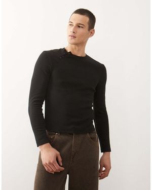 Collusion Long Sleeve Henley With Asymmetric Buttons - Black