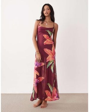 Aray Vestido Playero Largo Rosa Oscuro Con Estampado Floral De Tejido Transparente De - Rojo