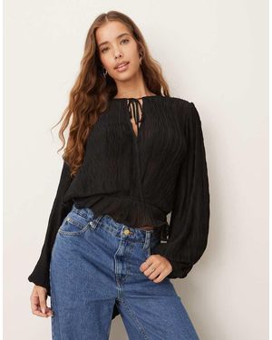 Gina Tricot Crinkle Long Sleeve Wrap Blouse With Tie Detail - Blue