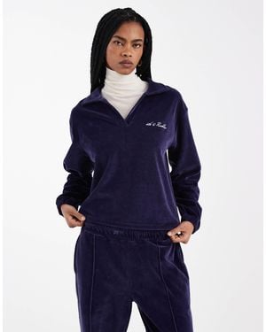 4th & Reckless Exclusive Velour V Neck Collared Embroidered Logo Sweatshirt Co-Ord - Blue