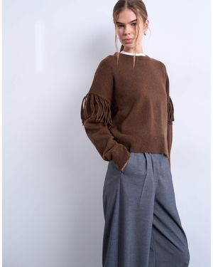 TOPSHOP Knitted Fringe Detail Sweater - Brown
