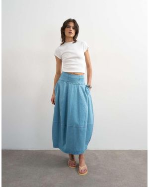 TOPSHOP Falda Vaquera Larga Descolorida De Corte Barrel Con Detalle De Costuras-Azul