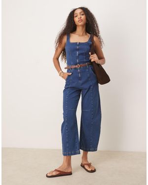 ASOS Square Neck Denim Jumpsuit With Barrel Leg - Blue
