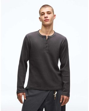 Bershka Long-sleeve Slim-fit Henley Collar T-shirt - Black