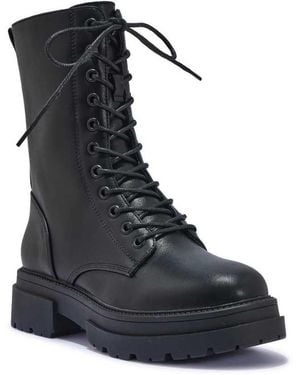 SEQWL Lace Up Block Heel Military Ankle Boots - Black