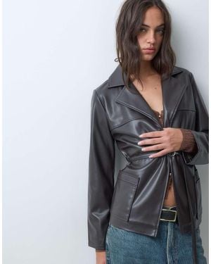 Threadbare Faux Leather Blazer With Belt - Grey