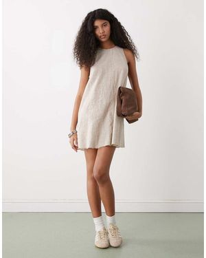Monki Linen Blend Sleeveless A Line Mini Dress With Frayed Edge - Natural
