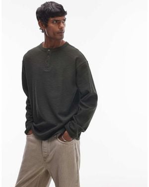 TOPMAN T-Shirt Serafino Oversize Testurizzata Pesante Kaki - Nero