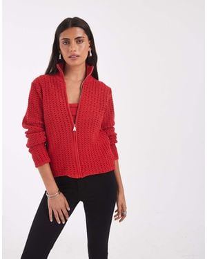 ASOS Crochet Knit Funnel Neck Zip Up Jacket - Red