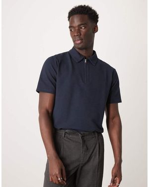 SELECTED Polo Seersucker Con Zip Corta - Blu
