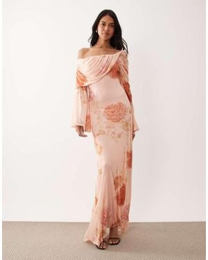 ASOS Printed Off The Shoulder Draped Neck Long Sleeve Maxi Dress - Pink